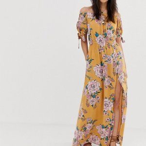 Women's Yellow Floral Off Shoulder Maxi Dress